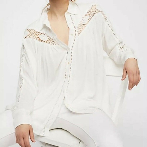 Free People Katie Bird White Medium Button Front Blouse Crochet Detail - Picture 6 of 12
